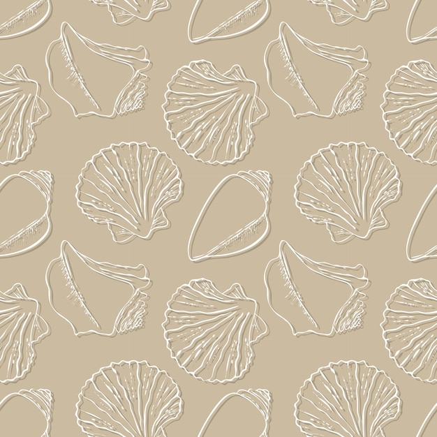 Sea ocean pattern with seashells on the sand beach beige background