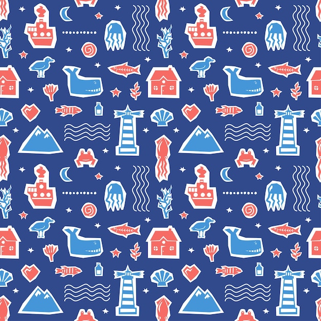 Sea ocean simple styling seamless pattern print. Two color. Print for kids t-shirt and sea style souvenirs. Cut out from paper applique.