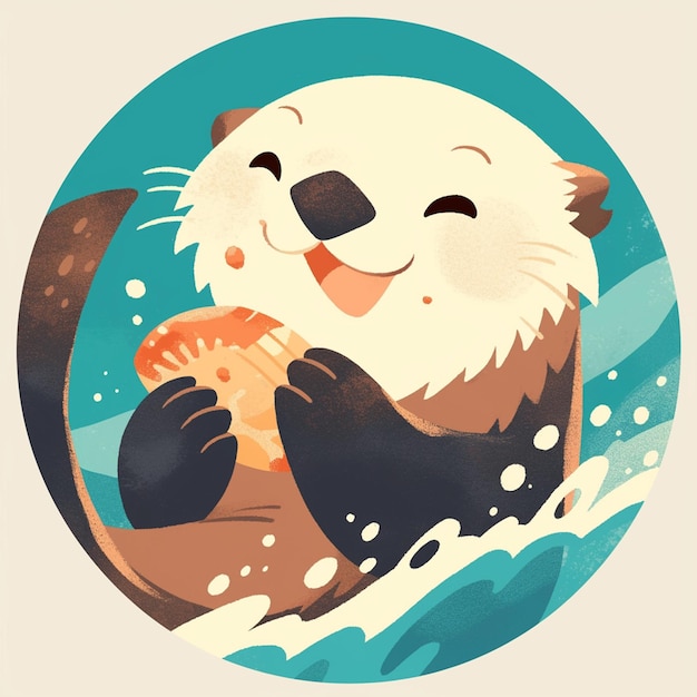 Vector sea otter cracking open shellfish