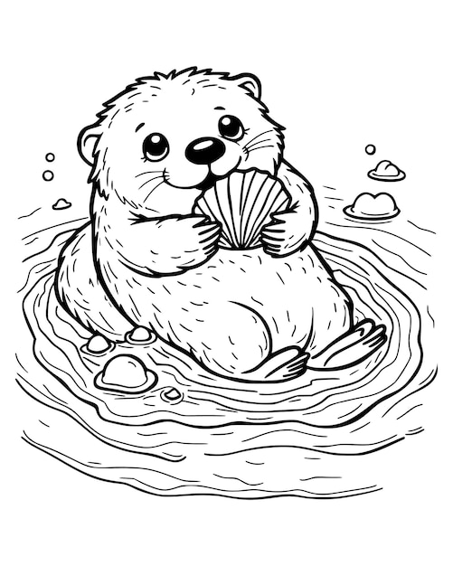 Vector sea otter floating on its back holding a shell in its paws vector coloring page