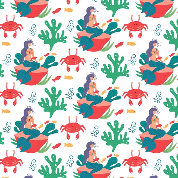 Sea pattern mermaid seaweed crab. Children wallpaper for nursery decor. Modern flat vector seamless illustration