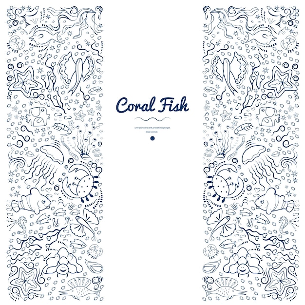 Sea pattern vertical with deepsea fish seaweed Monochrome frame for banners advertising