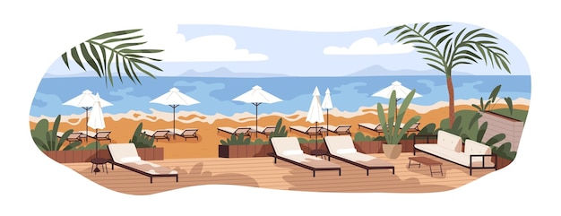 Vector sea resort, luxury beach landscape. summer paradise with sunbeds, umbrellas, wood terrace at ocean coast. chaise lounges and parasols. flat graphic vector illustration isolated on white background