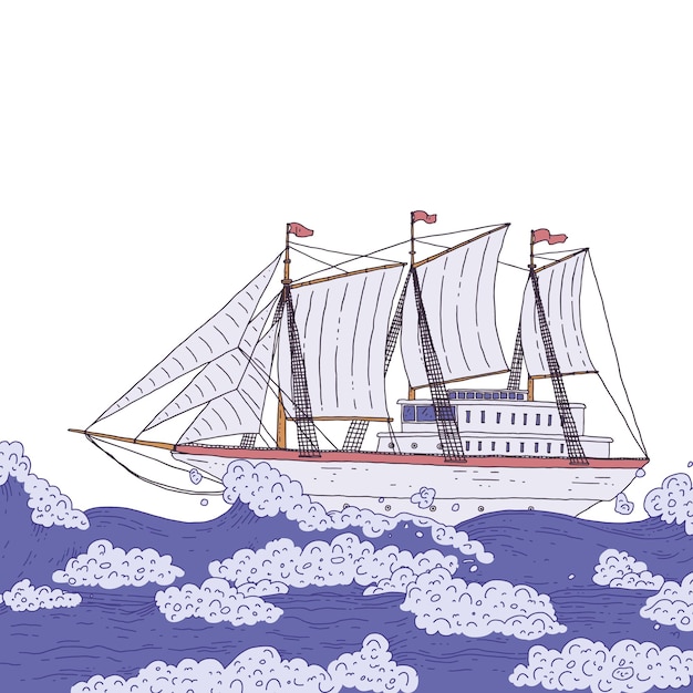 Sea sailboat on the waves Modern ship with sails doodle sketch isolated illustration