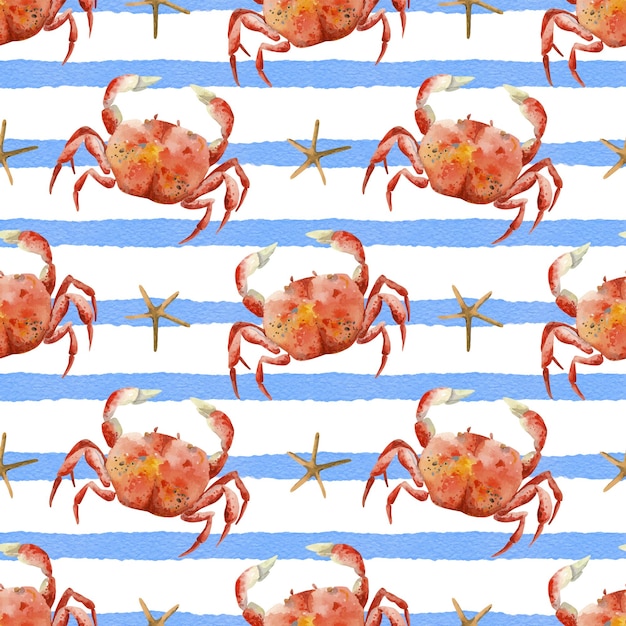 Sea seamless pattern red crabs