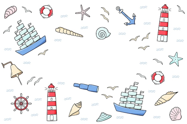 Sea set of elements icons of sea life Ship telescope shells lifebuoy anchor steering wheel bull lighthouse and seagulls Vector illustration symbols of sailors or pirates