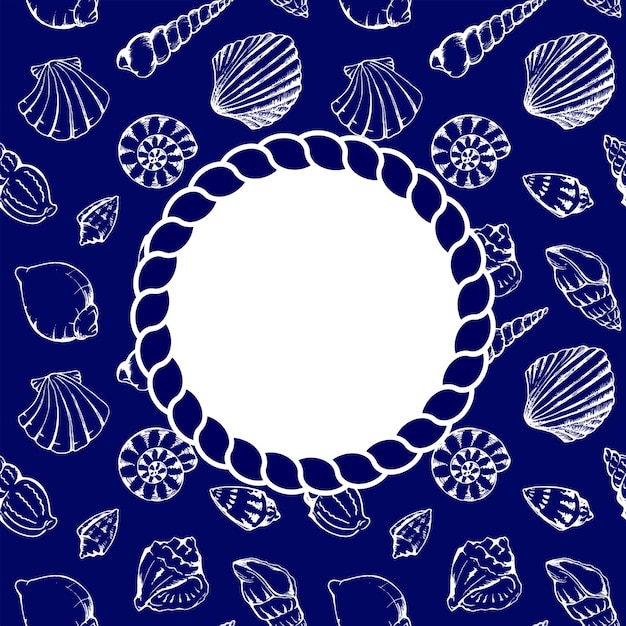 Vector sea shells navy blue circle rope frame texture background vector