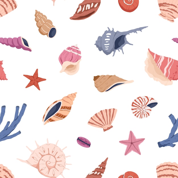 Sea shells pattern. Seamless background with repeating seashells print. Marine aquatic design. Endless texture with shellfishes, conches, clams, mollusks. Colored hand-drawn vector illustration