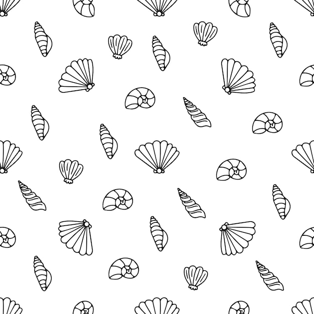 Sea shells vector monochrome seamless pattern texture background.