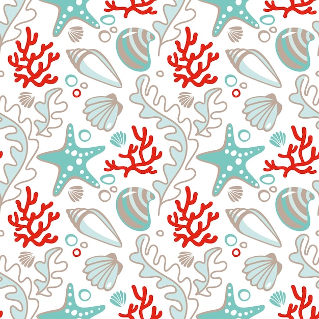 Sea shellsand corals Ocean life Seamless pattern Summer print Vector illustration