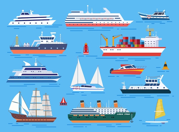 Sea ship Sailing ships big fishing boat Sea container transportation ocean water transportation Traveling and vacations icons cruise exact vector elements