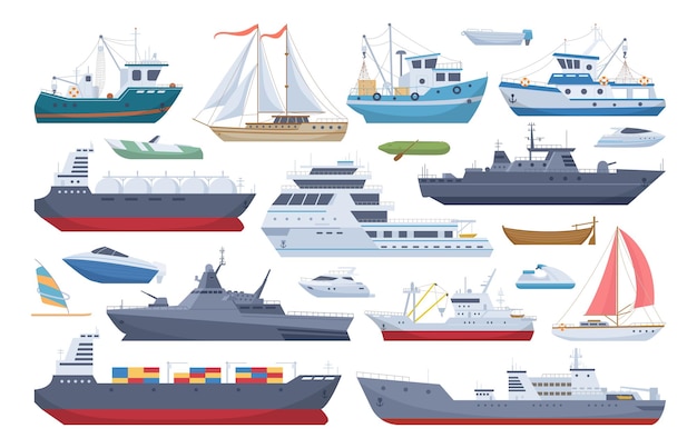 Sea shipping boats cartoon ships yacht and motorboat flat vector illustrations collection