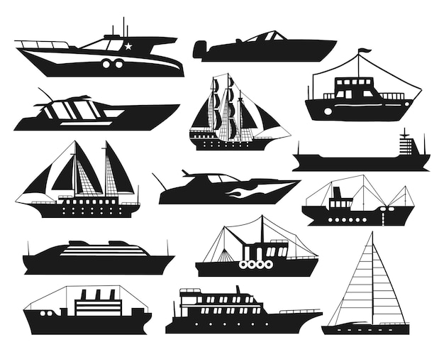 Sea ships Fishing boat isolated Vectors Silhouettes