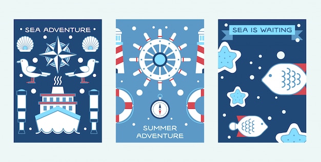 Sea summer adventure set of posters Nautical collection of things such as ship wheel, spyglass, lifeline, lighthouse. 