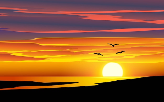 Sea sunset landscape with birds