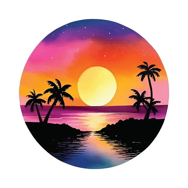 Vector sea sunset view with palms watercolor paint