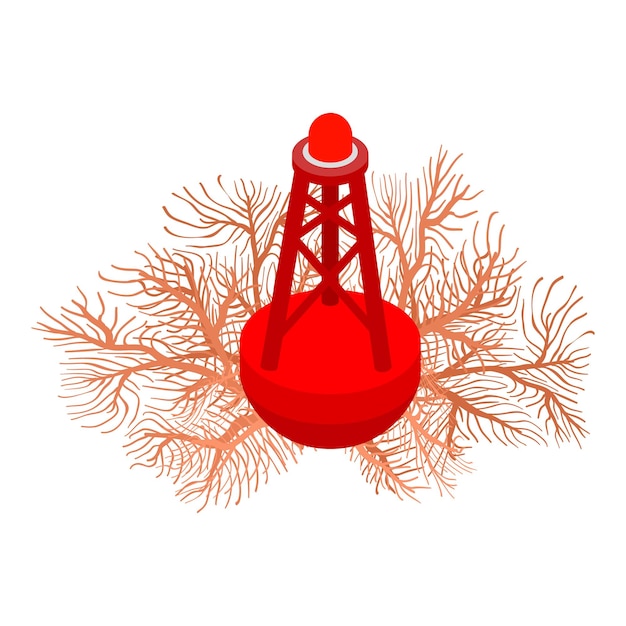 Sea symbol icon isometric vector Coral reef and red floating lighthouse icon Marine symbol navigational equipment