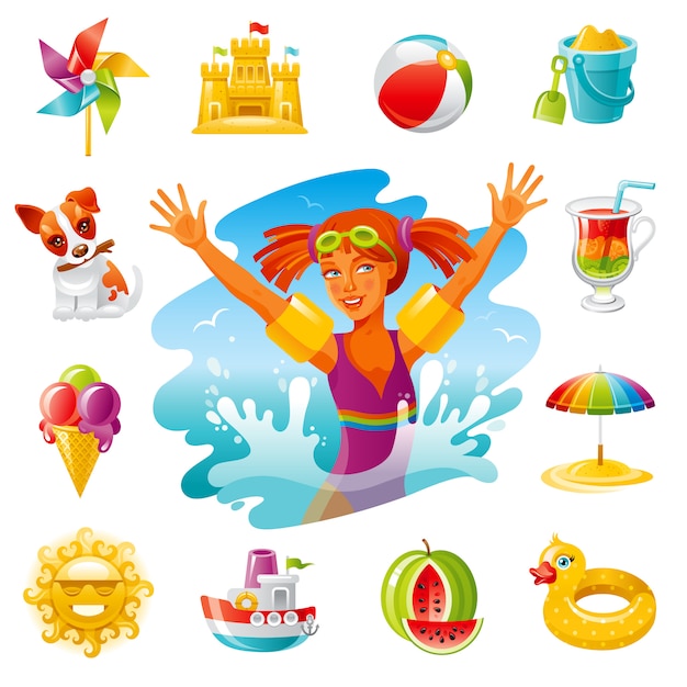 Sea travel cartoon icons. Summer holidays set with baby girl, toys, sun, umbrella, ice cream, dog, windmill.