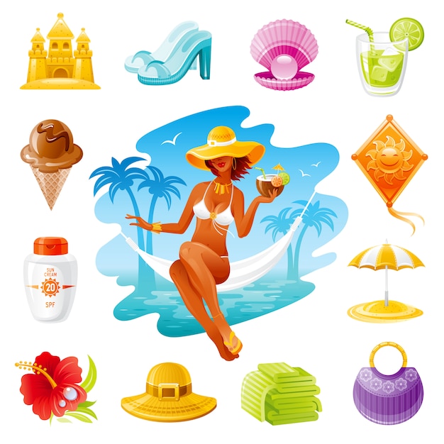 Sea travel cartoon icons. Summer holidays set with beautiful girl, sun cream, bag, juice, straw hat, beach umbrella.