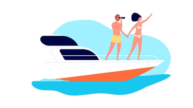 Sea travel Romantic date on yacht couple ocean tour Woman man characters on boat in water happy vacation vector illustration