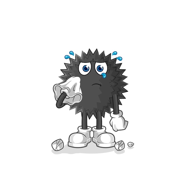 Sea urchin cry with a tissue cartoon mascot vector