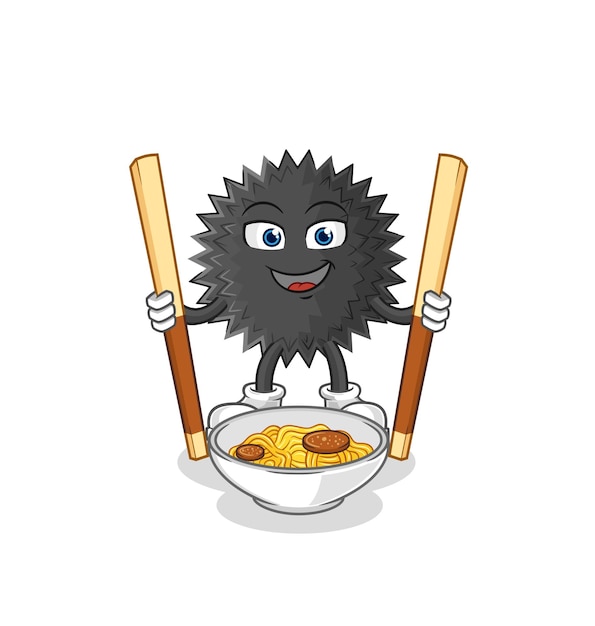 Sea urchin eat noodle cartoon character mascot vector