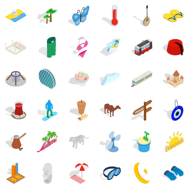 Sea vacation icons set, isometric style