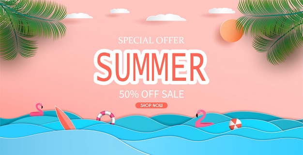 Sea view and Summer sale banner design with paper cut.