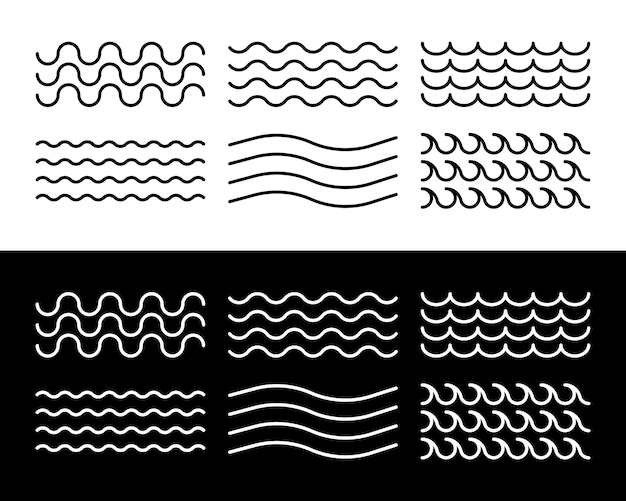 Vector sea water waves collection of linear waves of different style and size vector illustration