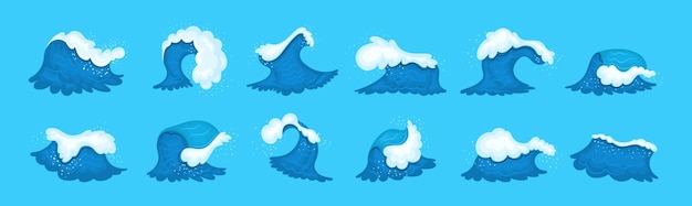 Sea wave cartoon set Blue water ocean waves marine surf wave ripples tides sea storm