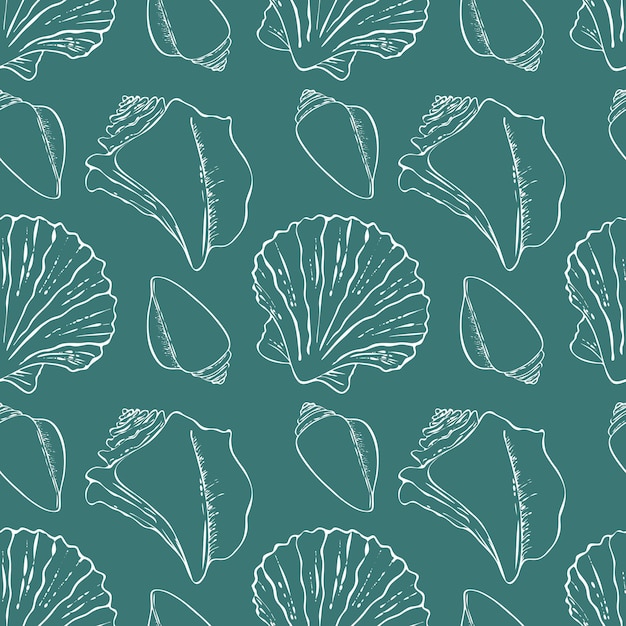 Sea white shells blue background pattern