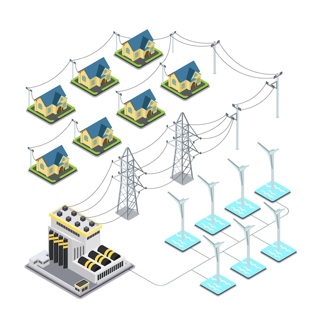 Vector sea wind energy propeller green village power supply cycle infographics concept.