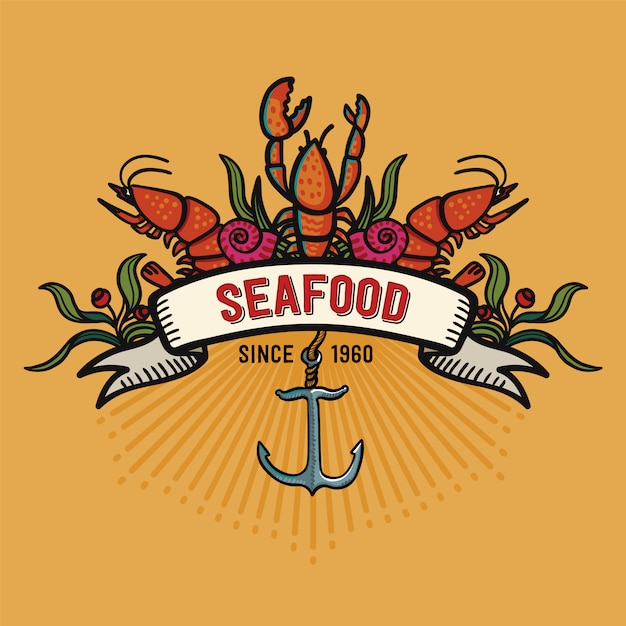 Seafood in cartoon style. Restaurant logo on yellow background