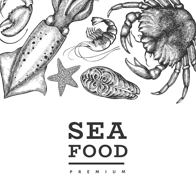 Seafood design template. Hand drawn  seafood illustration.