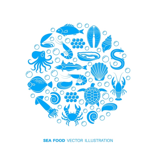 Seafood and fish icons.