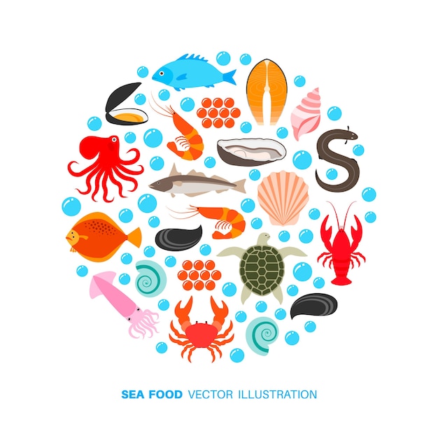 Seafood and fish icons.