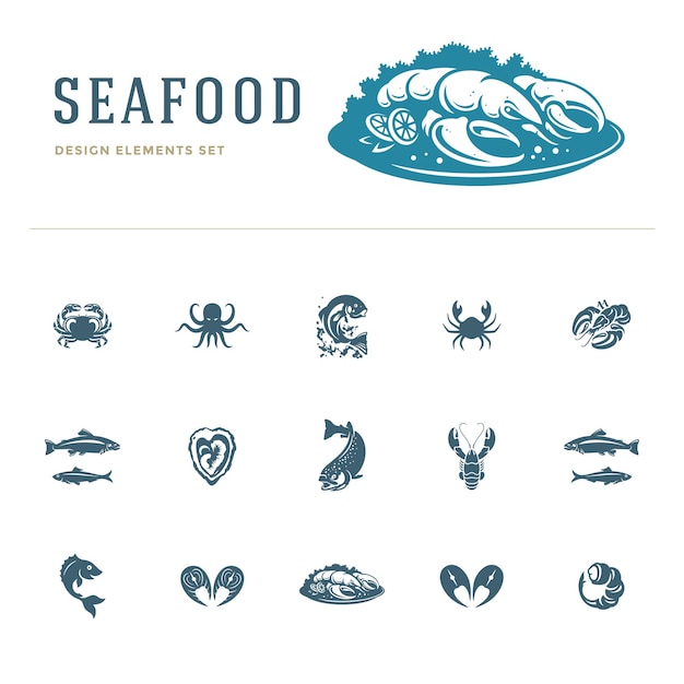 Seafood icons and silhouettes isolated on white set vector illustration