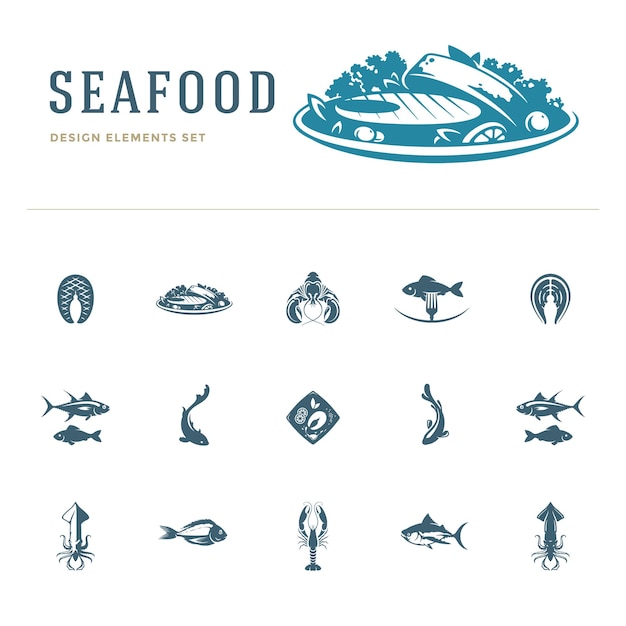 Seafood icons and silhouettes set vector illustration