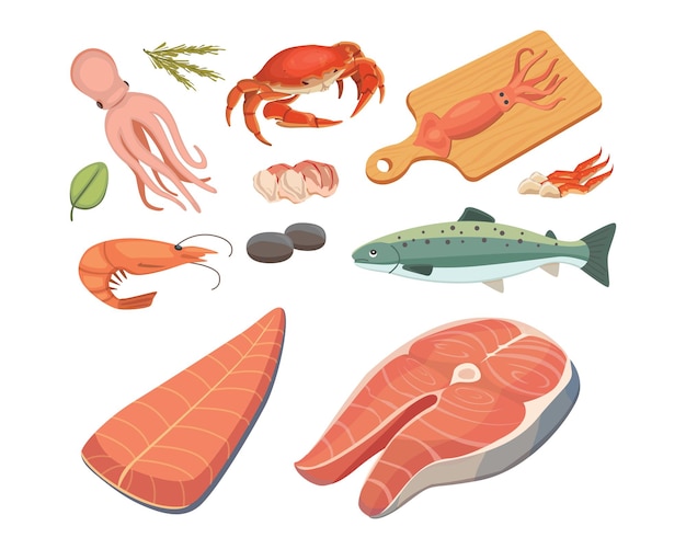 Seafood illustrations set flat fresh fish and crab. Lobster and oyster, shrimp and menu, octopus animal, shellfish lemon.