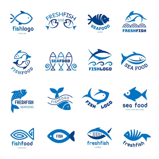 Seafood logo Fishes colored icons templates animals underwater recent vector business identity elements