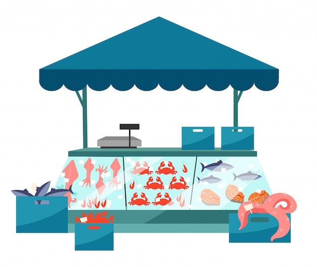 Vector seafood market stall flat illustration