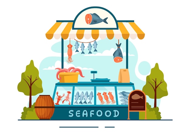 Seafood Market Stall Vector Illustration with Fresh Fish Products such as Octopus or Lobster