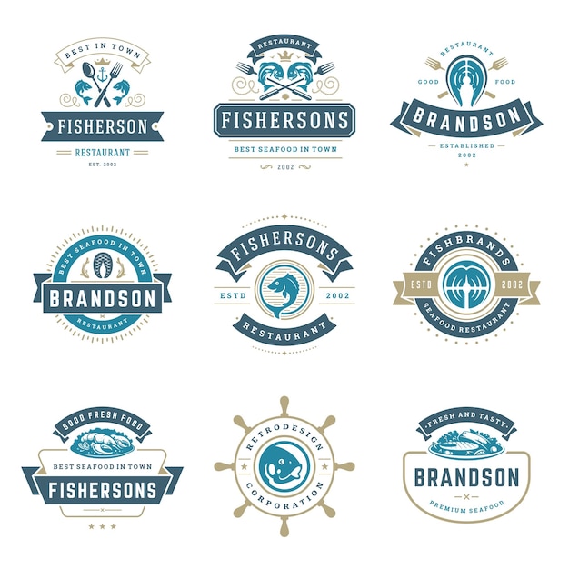 Seafood restaurant logos set vector illustration