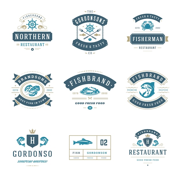 Vector seafood restaurant logos set vector illustration