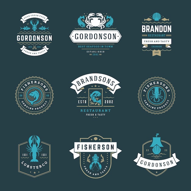 Seafood restaurant logos set vector illustration