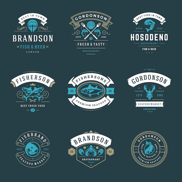 Seafood restaurant logos set vector illustration