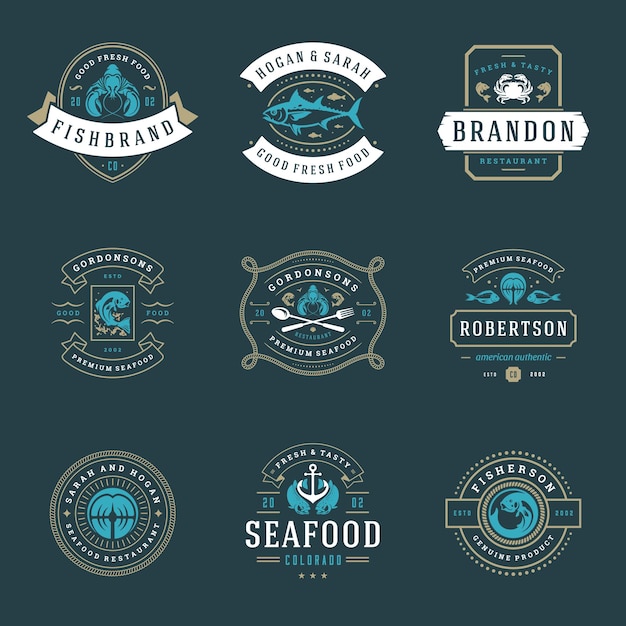 Seafood restaurant logos set vector illustration