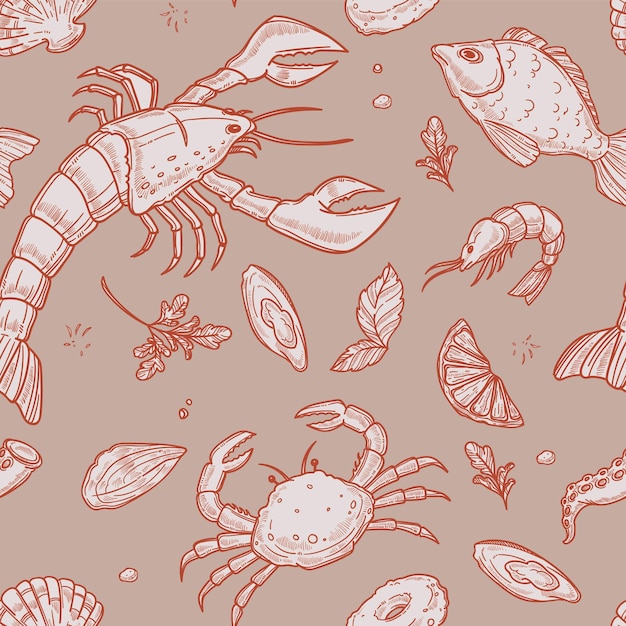 Seafood seamless pattern crabs and oysters print