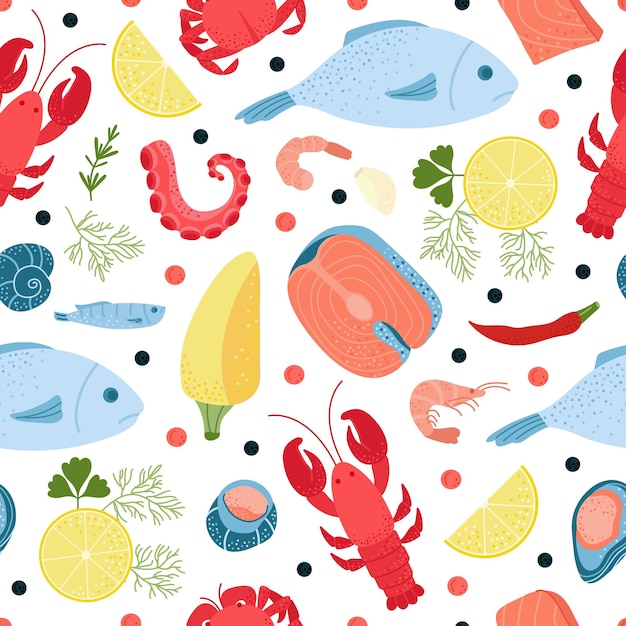 Seafood seamless pattern Red black caviar vegetable and fish Flat cartoon salmot steal and lobster Restaurant kitchen decent vector print