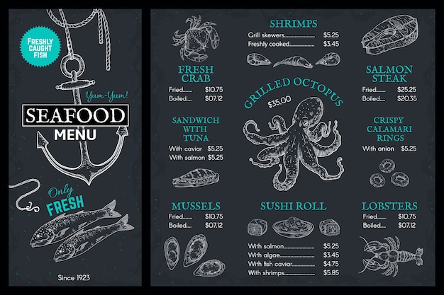 Vector seafood sketch menu. doodle fish restaurant brochure, vintage cover with lobster crab salmon